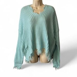 Aqua Green Hooded Distressed Sweater